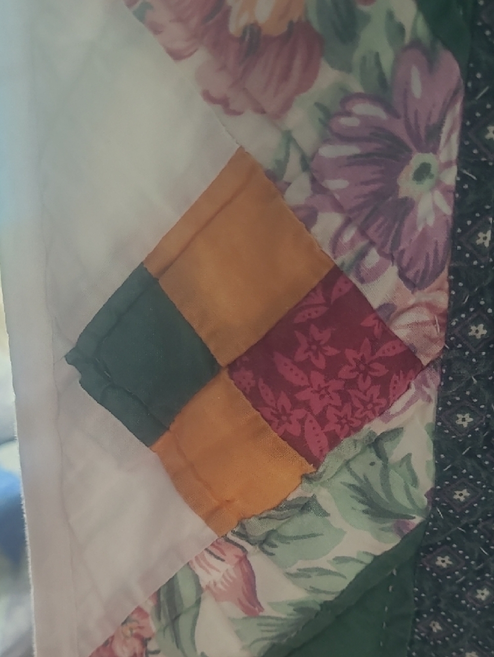 Vintage Brittanica Patchwork Hand Quilted in Green, White & Pink Floral Accents - Picture 10 of 13